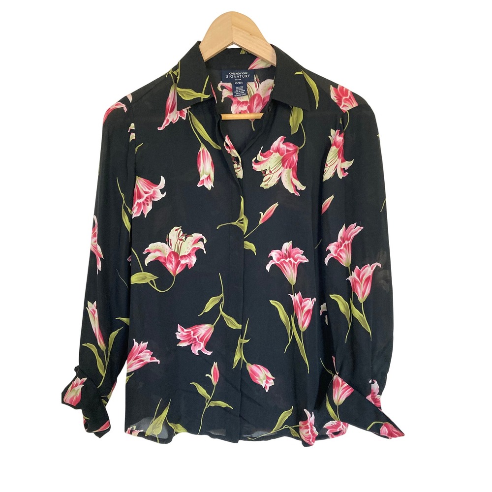 Jones New York Signature Silk Blouse Black Pink Lily Floral Petite Medium P/M